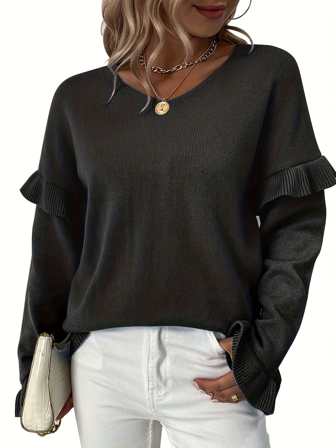 Damer Elegant Pullover med Volangdetaljer og V-Udskæring Stilla