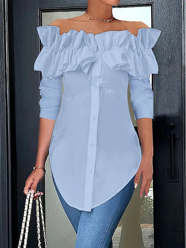 Dame Off-Shoulder Bluse med ruffles og knapdetaljer Stilla