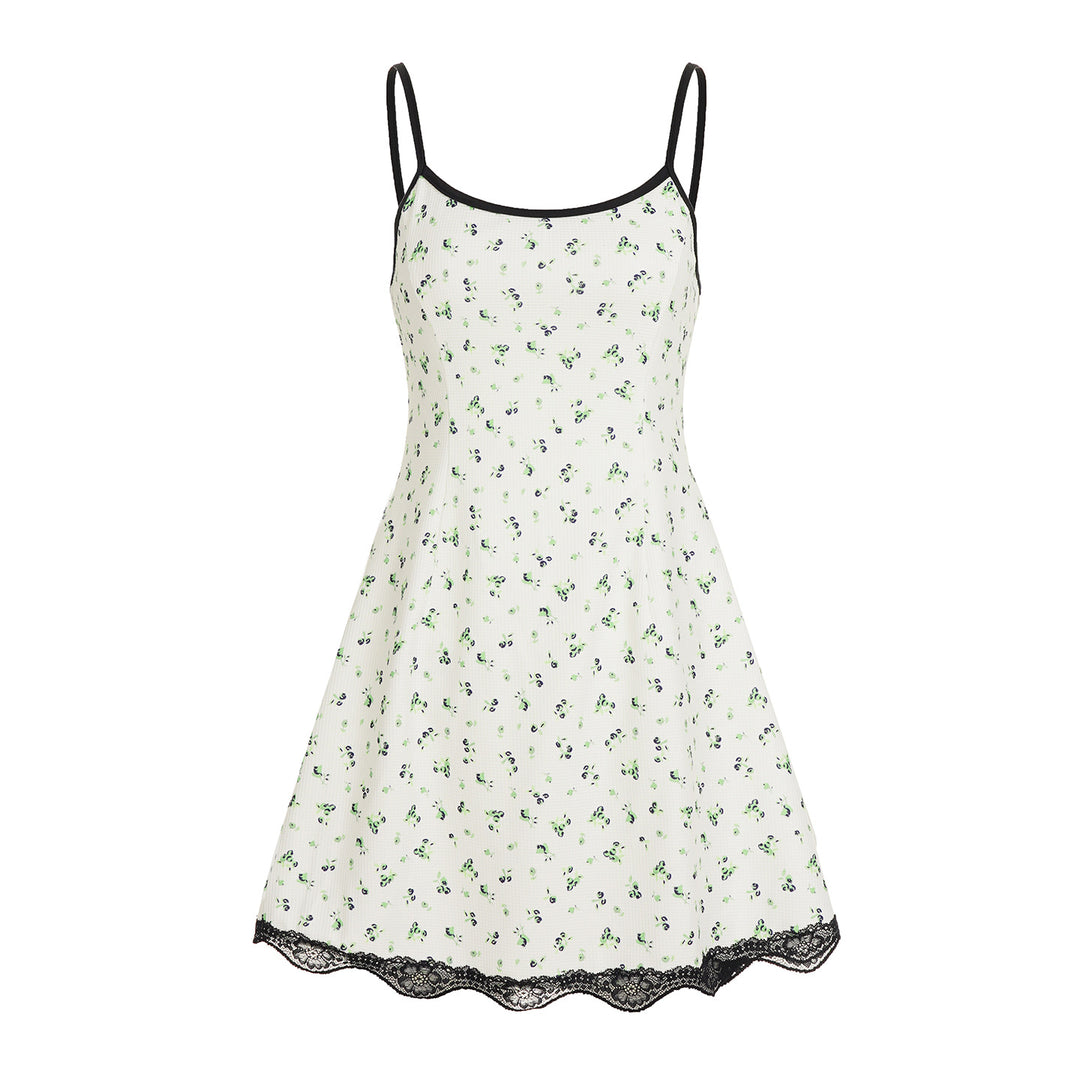 Dame Sommerligt Spaghetti-stropkjole med blomsterprint og spidskant Skovae