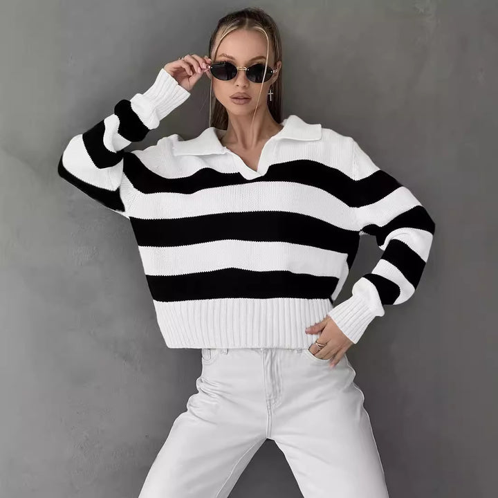 Kvinders sporty sweater med stribet mønster og krave Stilla