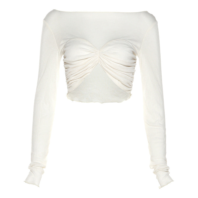 Dame Langærmet Cropped Top med rynket design og off-shoulder look Skovae