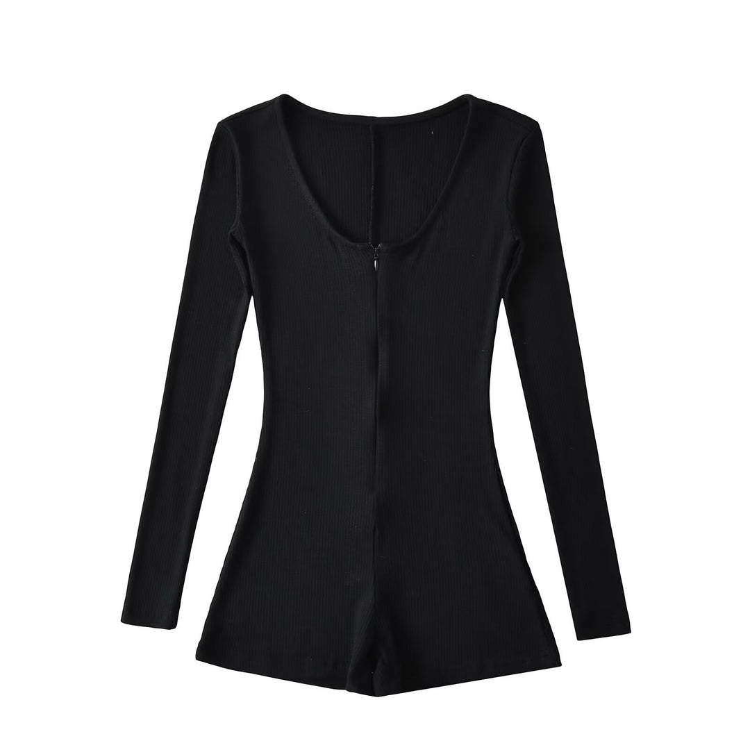 Dame Langærmet Playsuit med dyb Rundhalssnit og praktisk Lynlås Stilla