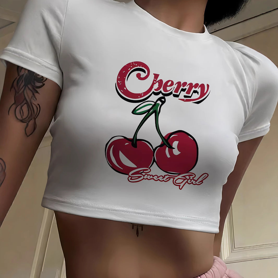 Dame Crop-T-Shirt med frugtagtig kirsebærdesign og løs pasform Skovae