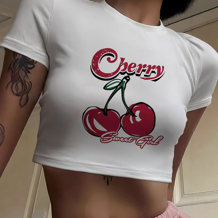 Dame Crop-T-Shirt med frugtagtig kirsebærdesign og løs pasform Skovae