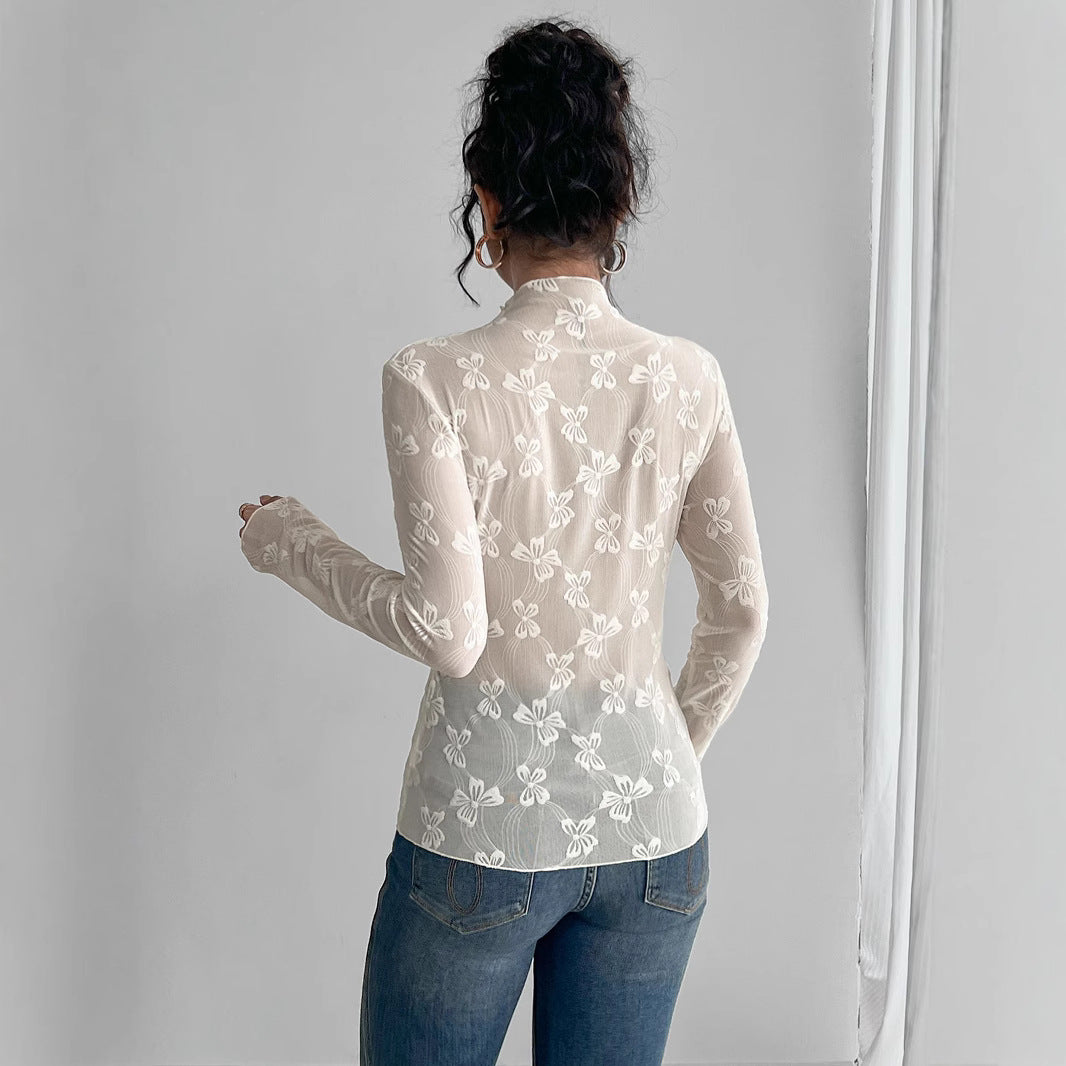 Dame nan figurbetonede gennemsigtige langærmede top i netstof med floral broderi og høj hals Skovae
