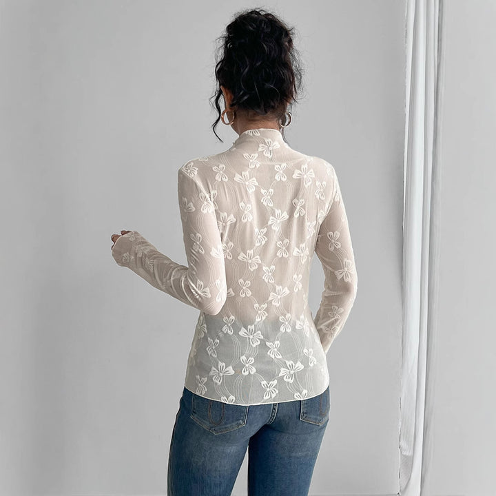 Dame nan figurbetonede gennemsigtige langærmede top i netstof med floral broderi og høj hals Skovae