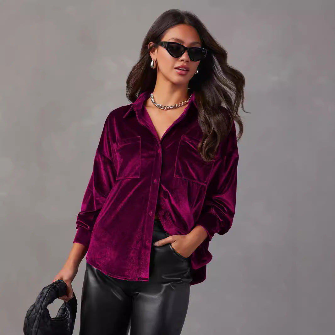 Dame elegant veloursbluse med klassiske lommer og fashionable detaljer Stilla