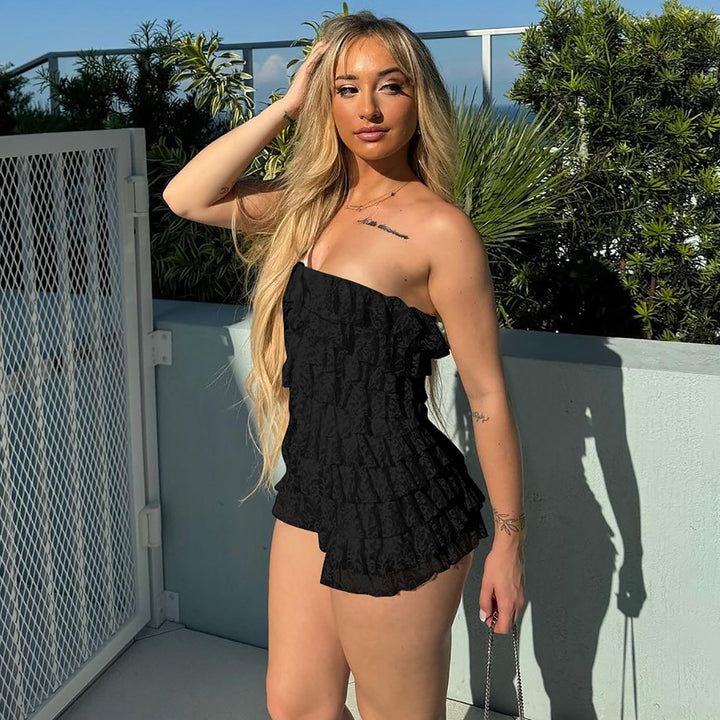 Dame ruffle shorts med legende design og bindebælte Stilla