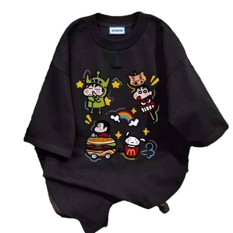 Dame T-shirt med kunstnerisk cartoon-tryk Stilla