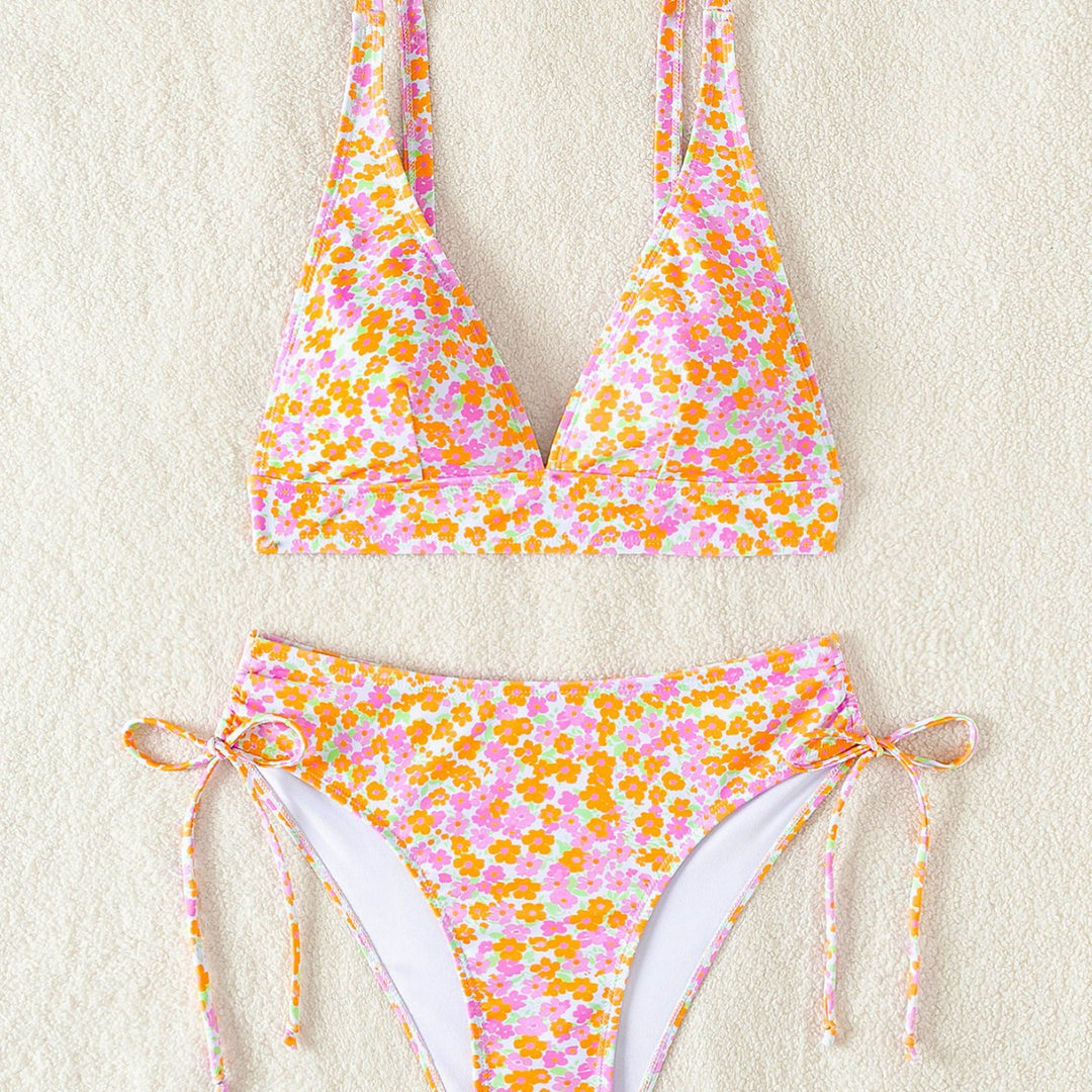 Dame triangel-bikini-sæt med blomstermønster og justerbare bindebånd Stilla