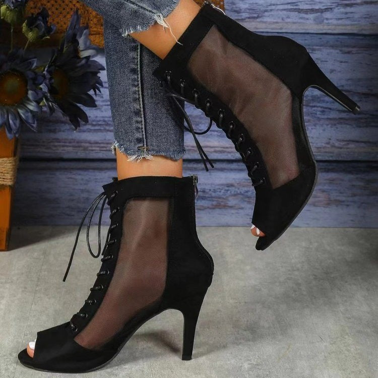 Dame Halvåben High Heel Støvler med gennemsigtig Sideskin og Snørebånd Stilla