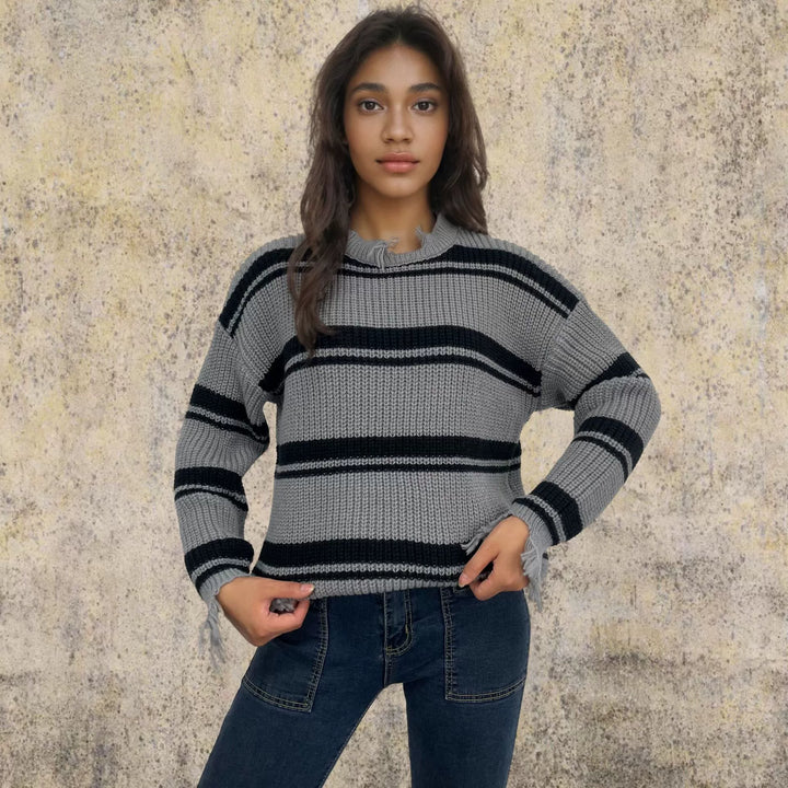 Stilla | Pullover Pullover Oversize Fit Strikket Uld Kontraststriber Frynser Kant