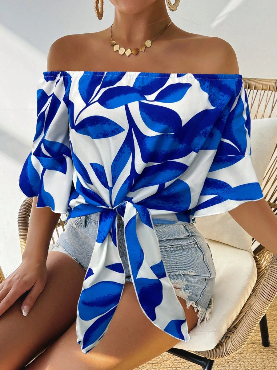 Dame Off-Shoulder Bluse med blomstermønster og justerbar knude Skovae