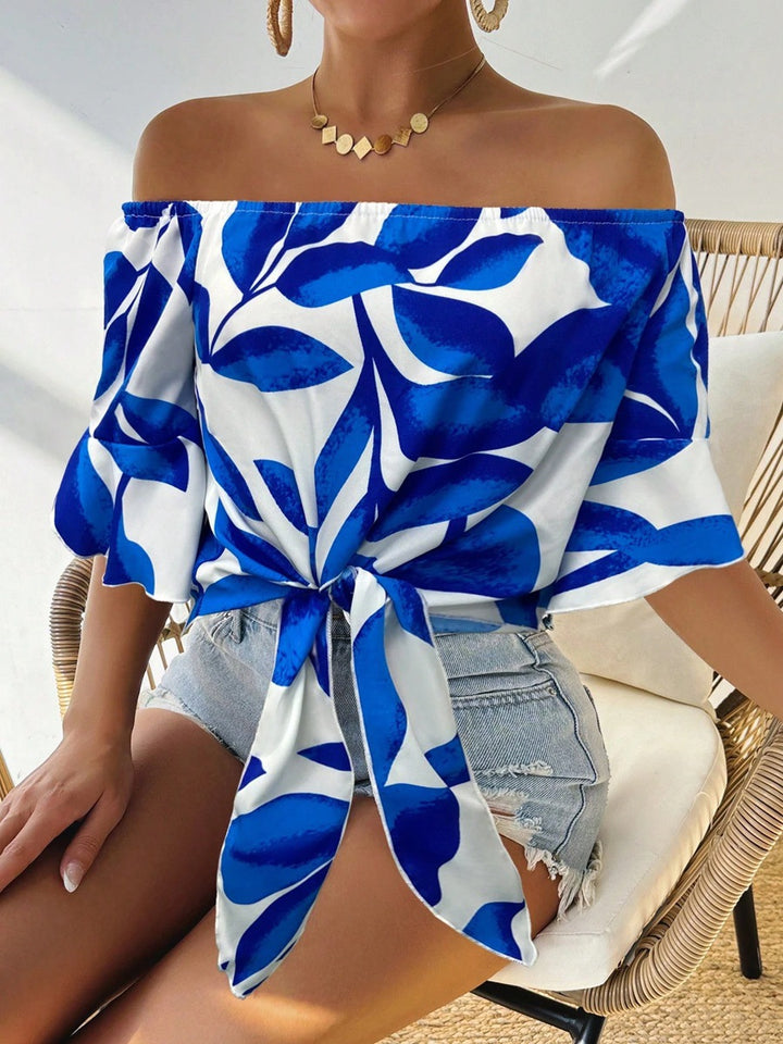 Dame Off-Shoulder Bluse med blomstermønster og justerbar knude Skovae