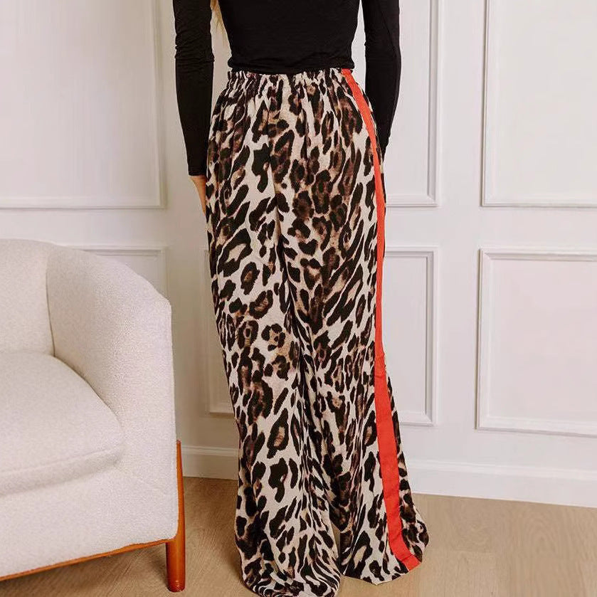 Dame bred leopardmønster bukser med sidelæns kontraststribe Stilla