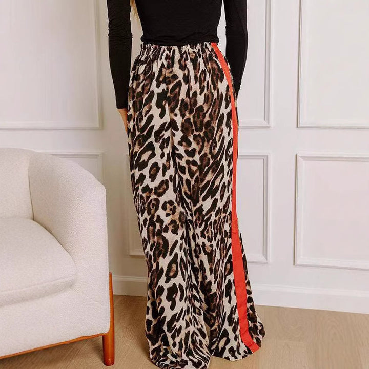 Dame bred leopardmønster bukser med sidelæns kontraststribe Stilla