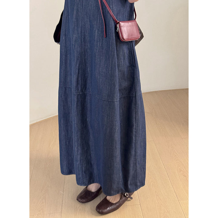 Dame Denim Maxikjole med elegant V-hals og flydende snit Stilla