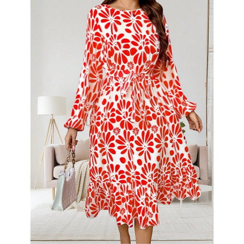 Femme Floral Print Midi Kjole med Ruffle Kant Stilla