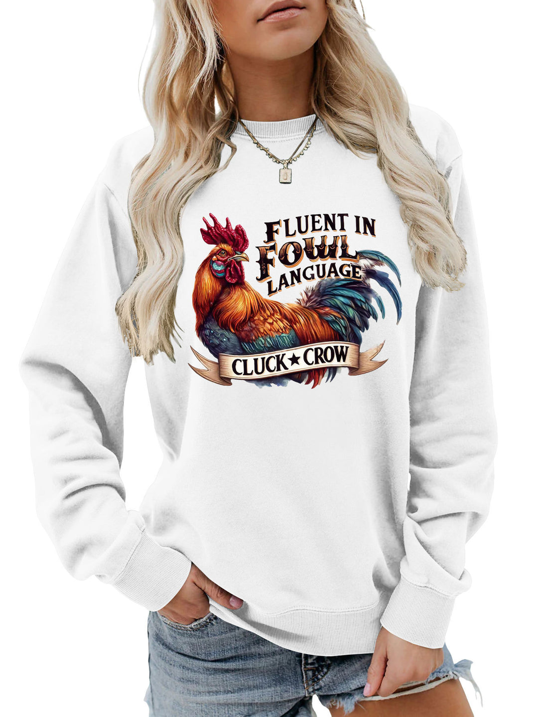Kvinders sweatshirt med humoristisk kyllingemotiv og behagelig pasform Stilla