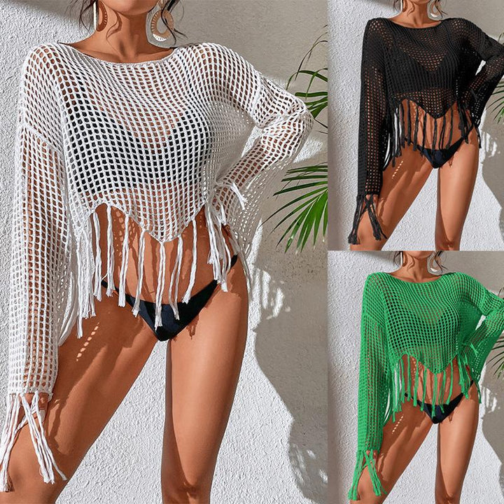 Dame Hæklet Strandpullover med Frynser og Luftig Gennemsigtighed Stilla