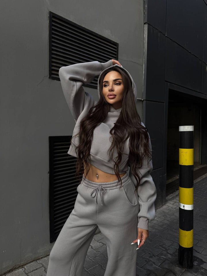 Kvinder casual cropped hoodie og bredsnit joggers sæt Skovae