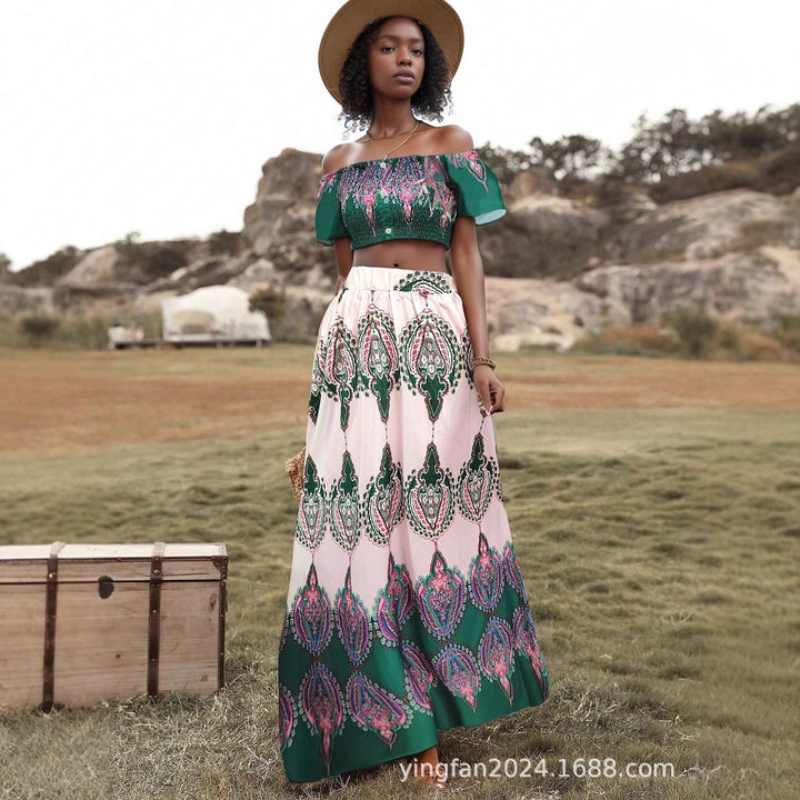 Dame Bohemian Off-Shoulder Crop Top og Maxi Skirt Sæt Stilla