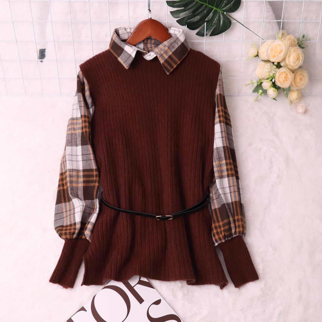 Kvinders fashionable striktrøje med unik ternet skjorte og elastisk talje Stilla