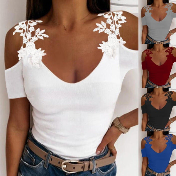 Dame Cold Shoulder Blomster Dekoreret V-Udskæring Top Stilla