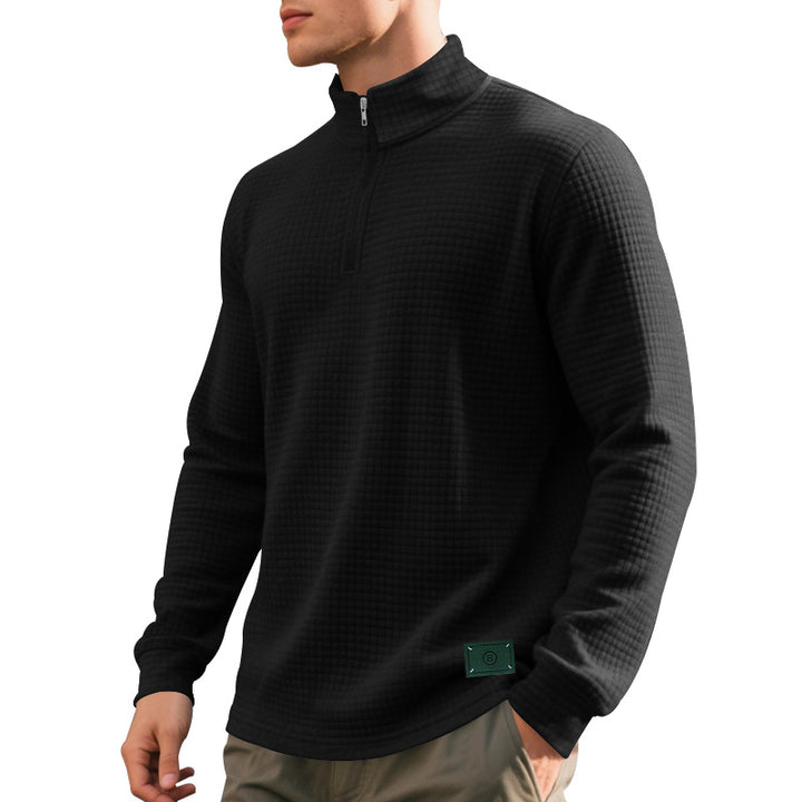 Herren nan lette vaffelstrik pullover med kort krave lynlås og rundet kant Skovae