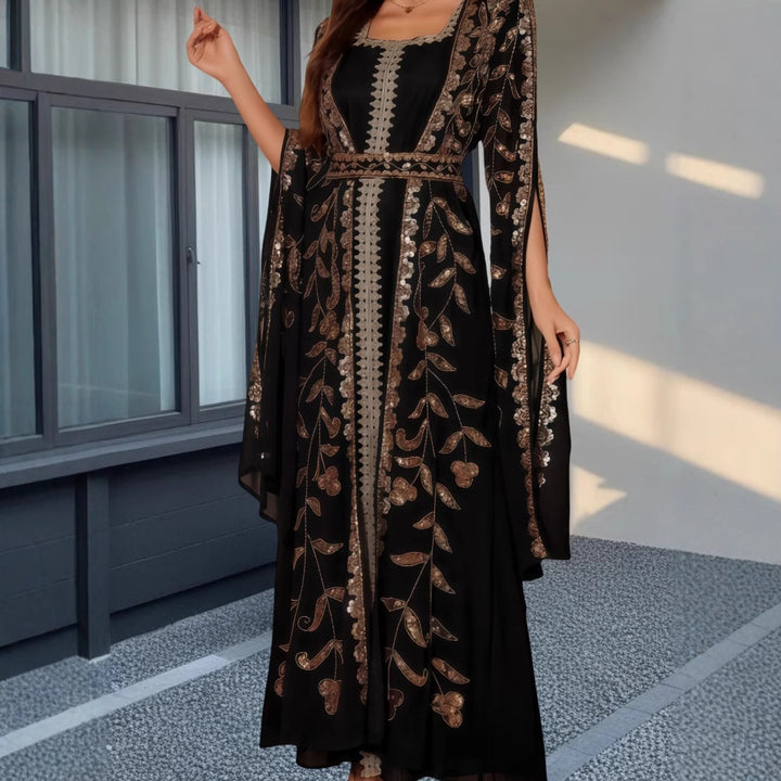 Kvinders elegante kaftan kjole med detaljeret broderi og flydende snit