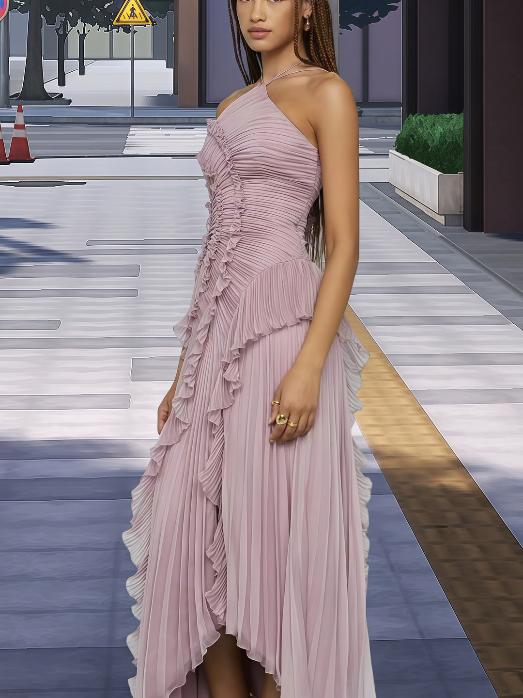Dame Elegant Wrap Kjole med Flydende Plisseret Nederdel og Asymmetriske Rynkedetaljer