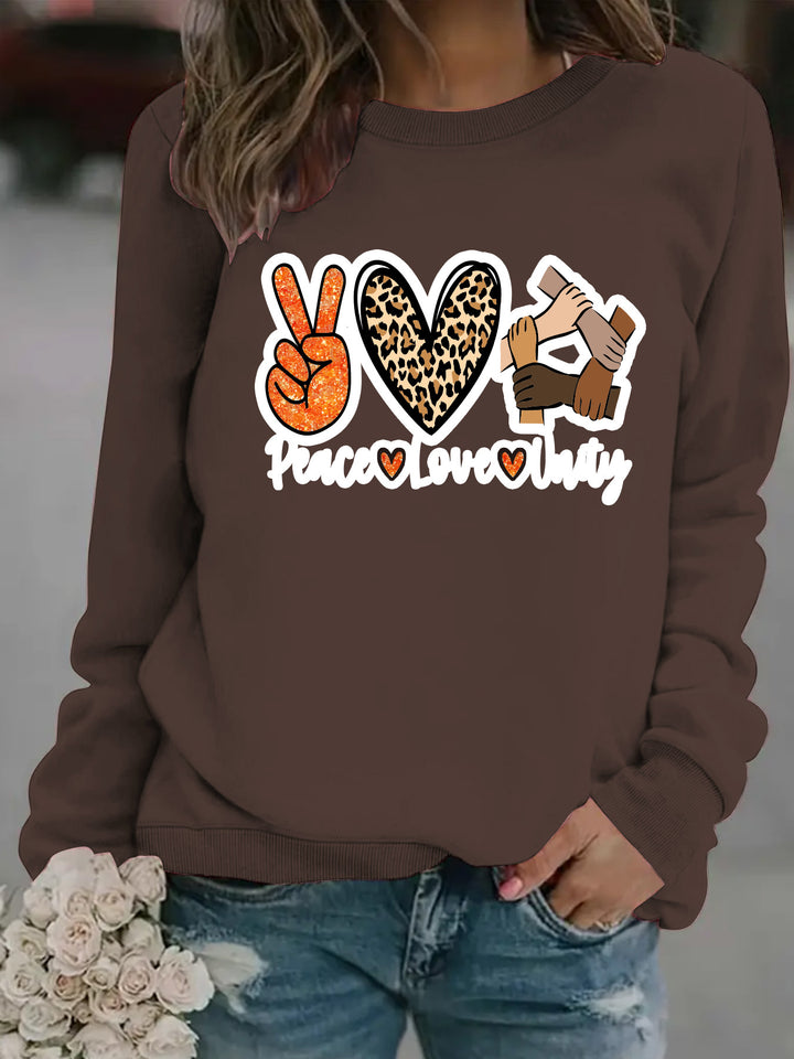 Kvinders sweatshirt med kreativt Peace, Love & Unity design Stilla