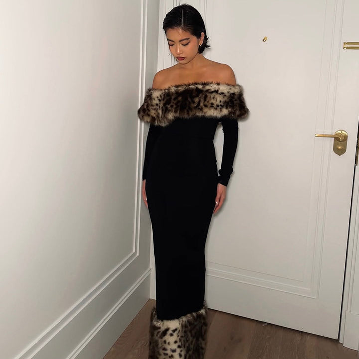 Dame Elegant Maxikjole med aftagelig leopardpelskrave Stilla