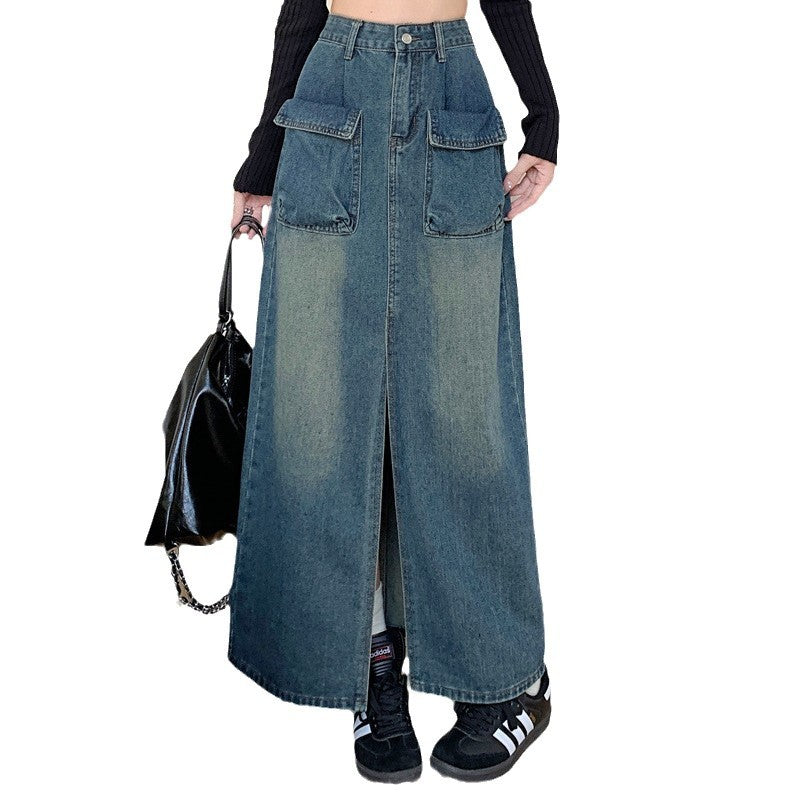 Kvinders lange denimnederdel med rummelige lommer Stilla