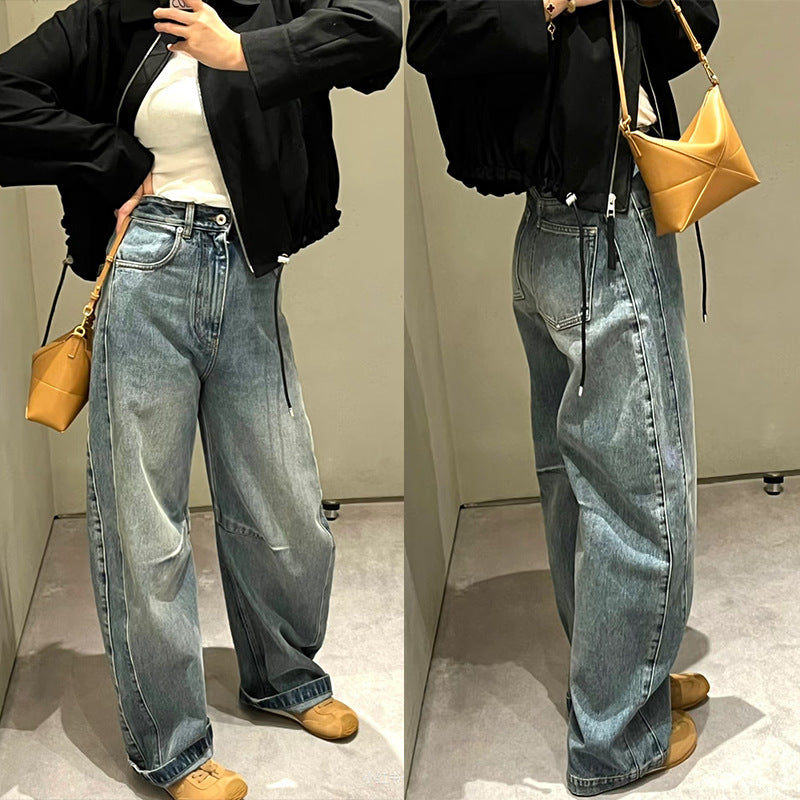 Dame brede denim-bukser med høj talje og diskret broderimønster Stilla