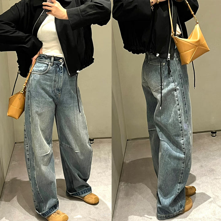 Dame brede denim-bukser med høj talje og diskret broderimønster Stilla