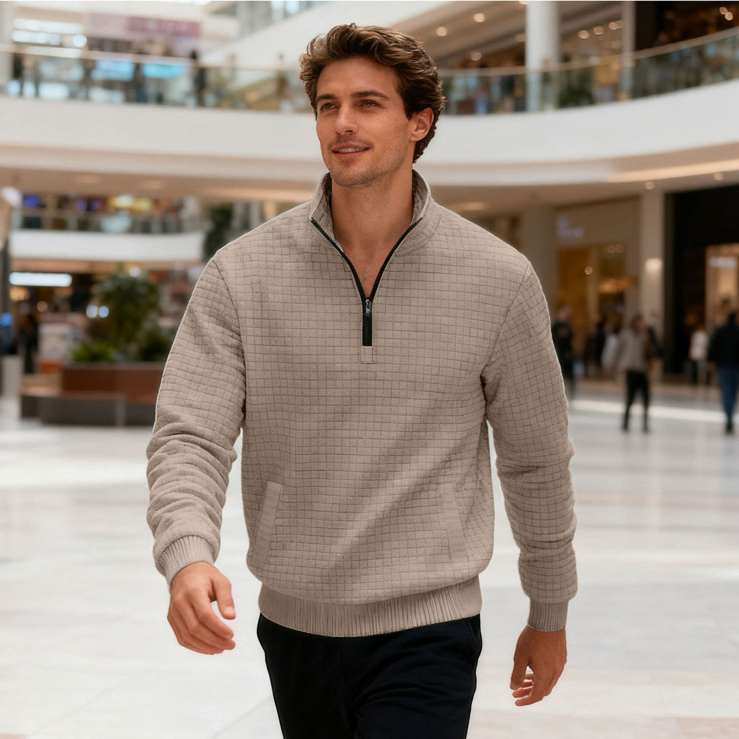 Herrer nan quilted halvzip sweater med kvadratisk vaffelstruktur og kængurulomme Skovae