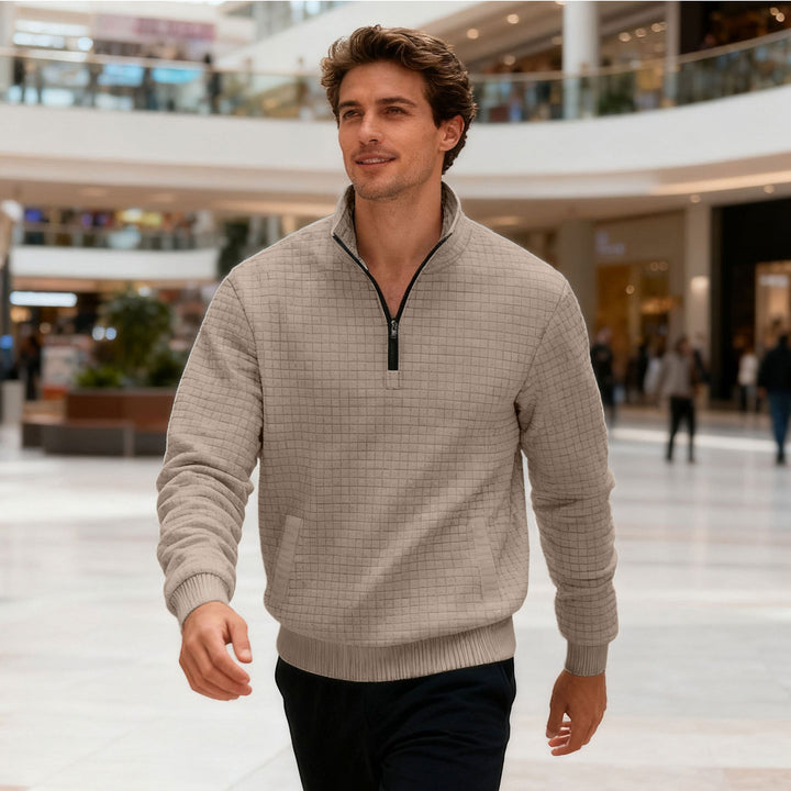 Herrer nan quilted halvzip sweater med kvadratisk vaffelstruktur og kængurulomme Skovae