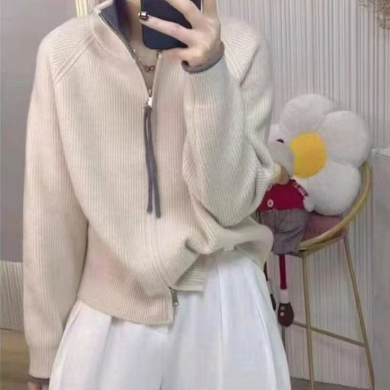 Kvinders strikket sweater med høj krave og lynlås Stilla