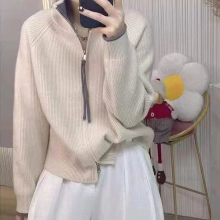 Kvinders strikket sweater med høj krave og lynlås Stilla