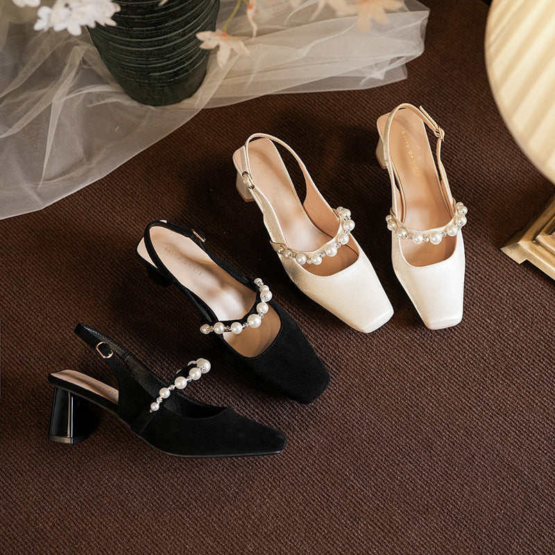 Dame Slingback Pumper med kvadratisk tåparti og blokhæl med elegant perledetalje Stilla