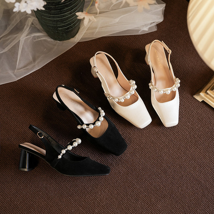 Dame Slingback Pumper med kvadratisk tåparti og blokhæl med elegant perledetalje Stilla