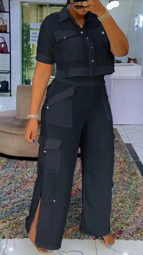 Dame nan to-delt skjorte- og cargo-bukser-sæt med kort oversized skjorte, høj talje, bredt ben og sidelægs-slitser Skovae