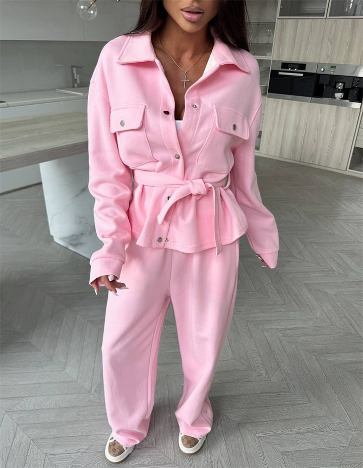 Kvinder Elegant Loungewear Sæt med Casual Jakke og Brede Bukser Skovae