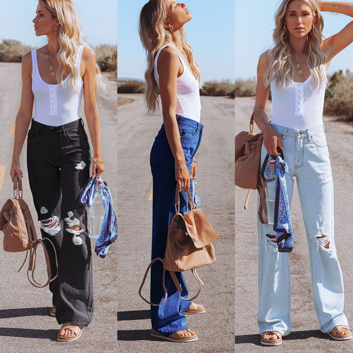 Dame Flared Jeans i trendy Destroyed-stil med høj talje Stilla