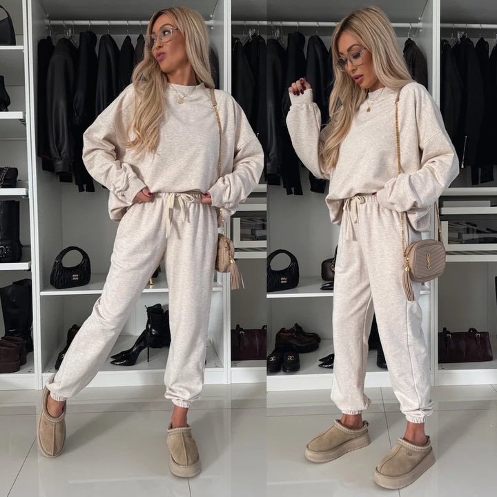 Kvinders stilfulde fleece loungewear sæt med løs pasform og elastisk talje Skovae