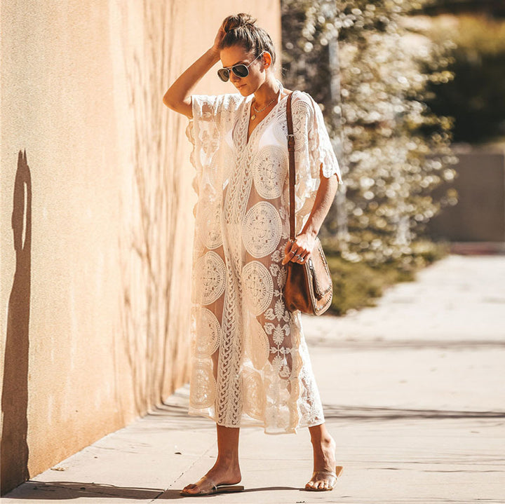 Dame hæklede strandkimono med elegant spidsdekoration Stilla