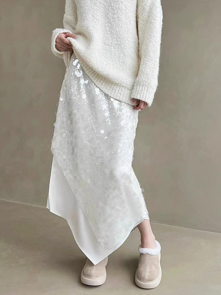 Dame skinnende Maxi-nederdel med asymmetrisk snit og glimmerdetaljer Stilla
