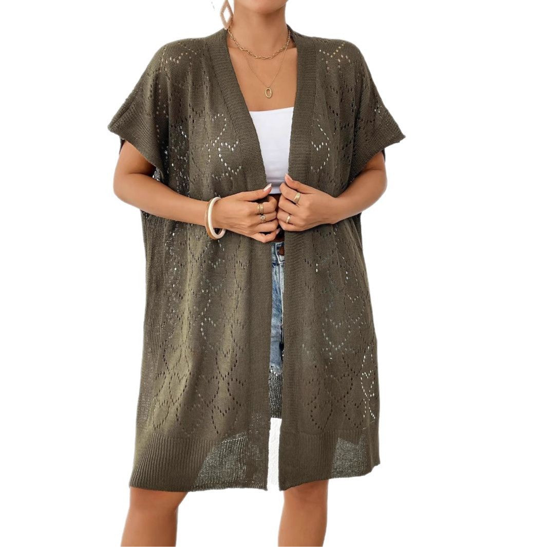 Dame luftig strikket kimono med blomster mønster Skovae