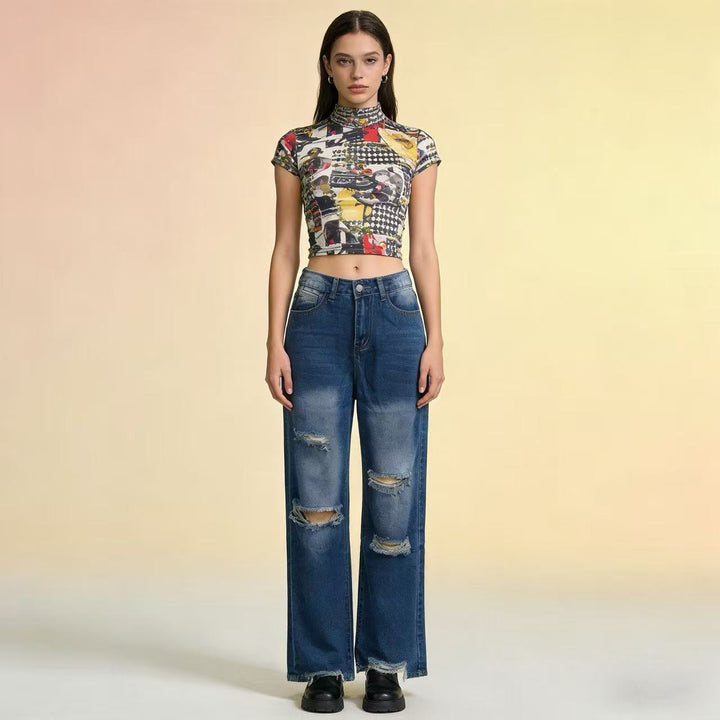 Dame brede jeans med stilfuld destroyed-detail og behagelig pasform Skovae